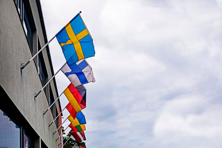 Europe, Estonia, Finland, Germany, Ukraine, Latvia, Lithuania flags on a building on a cloudy dayの写真素材