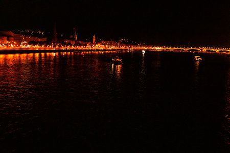 calm Danube at night in Budapest. Euro tripの写真素材
