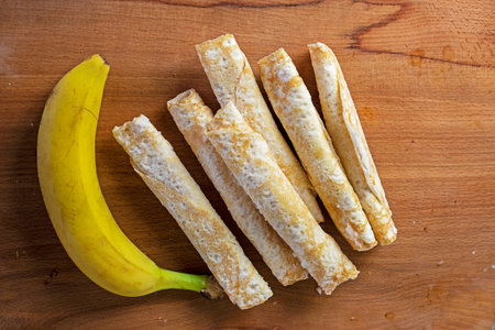 banana pancakes with banana. healthy vegan food flatlayの写真素材