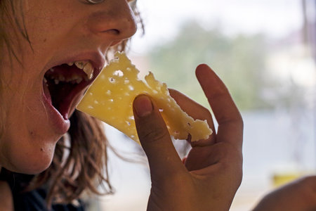 hands of a young girl take hard cheese, thinly sliced, and eat it with her mouth open wideの写真素材