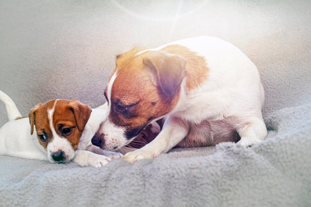 female Jack Russell Terrier sits with her puppy. home comfort. mothers dayの写真素材