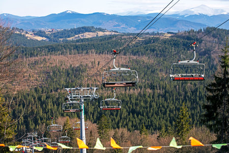 ski lift without people on a sunny day on the slope. Leisure. school break