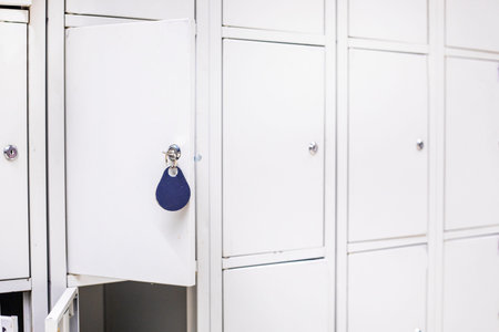 close-up of open and closed cabinets with a lock for storing things in front of the entrance to the...