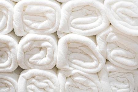 white woolen blankets and bedspreads folded in rolls