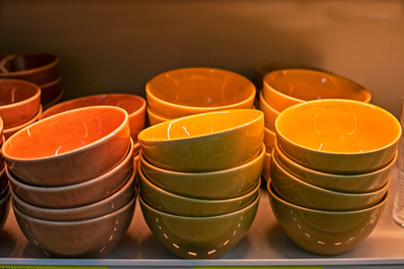 stylish ceramic dishes for salads and soups in the supermarket. cozy dayの写真素材