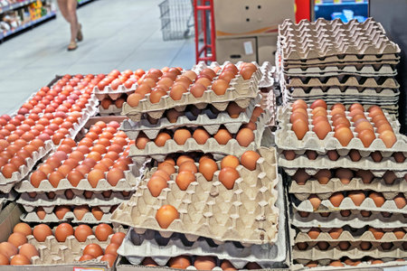Chicken brown eggs in cardboard containers egg trays in the supermarket. preparation for the Easter...