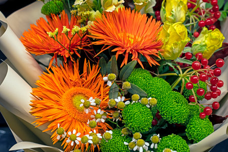 festive beautiful designer.bouquet of different fresh flowers.Floristry and holidays. Women's Dayの写真素材