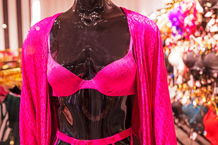 female black mannequin in bright fuji lingerie and robe. Trends and fashion in women's styleの写真素材