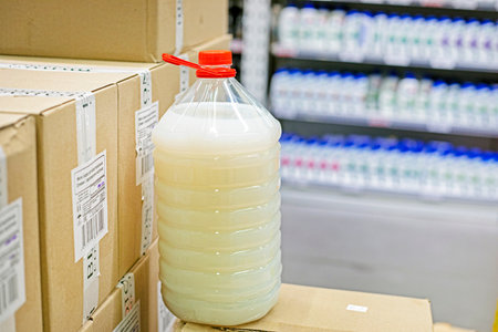 car windshield cleaning and antifreeze products in plastic containers in the supermarket. road safetyの写真素材