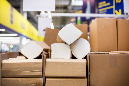 disposable packaging of dry napkins recycled in the supermarket. Secondary raw materials and...