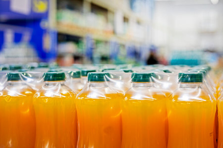natural juice packed in plastic containers in the supermarket. Healthy foodの写真素材