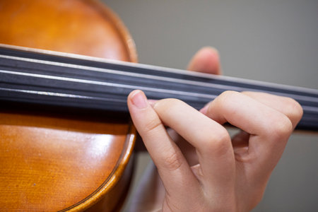 play the violin with the left hand. Correct positioning of the hand and fingers on a musical instrumentの写真素材
