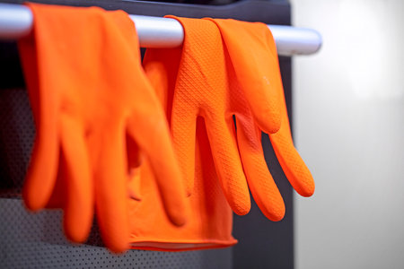 rubber orange gloves for hand protection on the cabinet handle. Cleaning company, cleaning houses and officesの写真素材