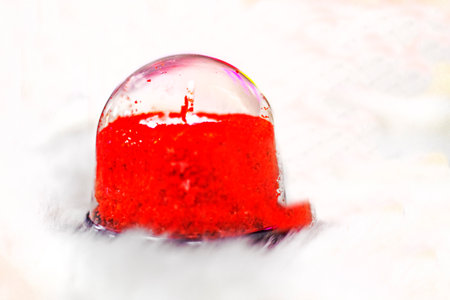 souffle cake with red topping on a light background. Christmas treatの写真素材