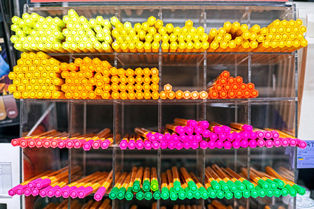 multicolored pens and liners arranged in cells on a shelf by color. Back to school.の写真素材