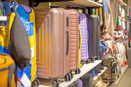 multicolored suitcases for travel, leisure and businessの写真素材