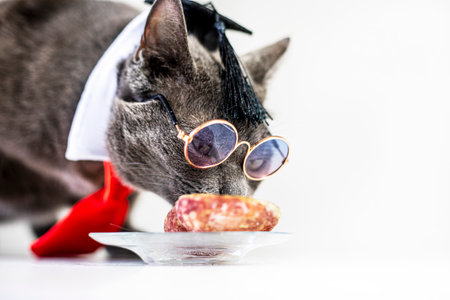 smart gray cat in glasses, a wizard's hat and a red tie. Food for smart catsの写真素材