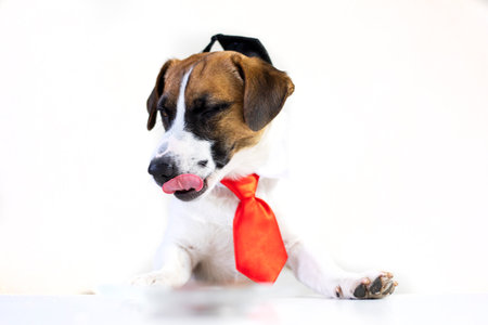 funny jack russell terrier puppy in a red tie licks his lipsの写真素材