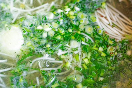 vegetable soup with green onions and pasta. Healthy eating