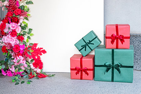 flowers and gifts for a mockup background with congratulationsの写真素材