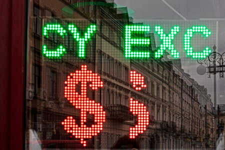 board with sale and purchase of dollar currency in the cityの写真素材