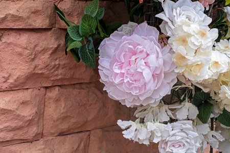 delicate light multi-colored peonies and roses on a brown wallの写真素材