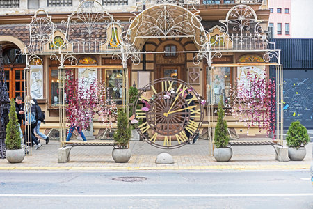 round street clock in the old part of the city. Daylight saving time. clock change