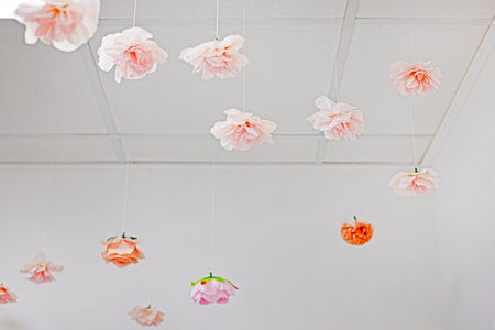 decorating stretch ceilings with beautiful pink flowers. festive interiorの写真素材