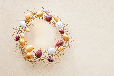 delicate wreath of easter eggs on a light background. Easter and decoration