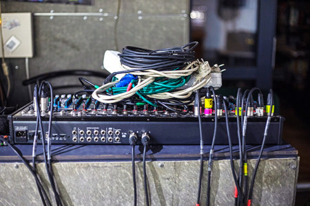 professional speakers and speakers for musical electric instruments after a concert on stage