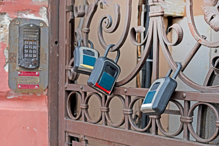 modern locks on forged gates next to the intercom. Protection and safety in big cities