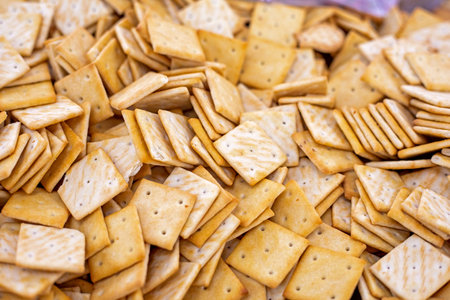 crispy cracker cookies in bulk in a supermarketの写真素材