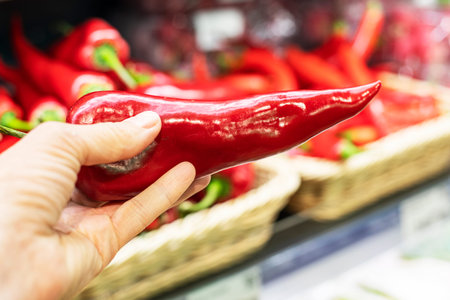 choosing red peppers in the supermarket