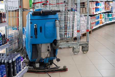 cleaning machine garbage in the supermarket in the corner with goodsの写真素材