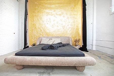 double stylish bed in minimalist light interiorの写真素材