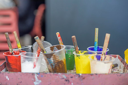 multicolored paints for creativity in disposable cupsの写真素材