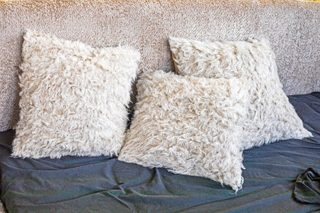 plush light pillows for sofa and bed in dark interior