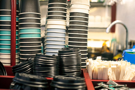 disposable drink cups stacked in columns with sugar packets and straws in a cafeの写真素材