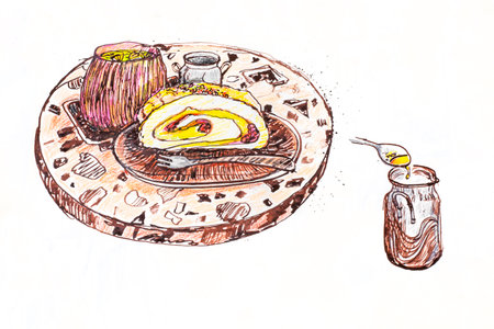 hand-drawn illustration in ink and colored pencilsmeringue roll with pistachio cream and raspberries, ginger tea and honeyの写真素材