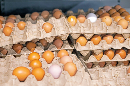 fresh farm chicken eggs in the supermarket. Economic crisis and default