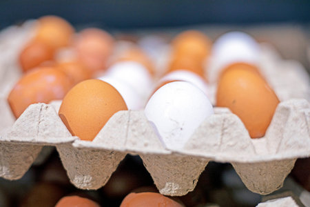 fresh farm chicken eggs in the supermarket. Economic crisis and default