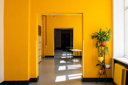 yellow interior with fresh flowersin a children's institution, school, back to school