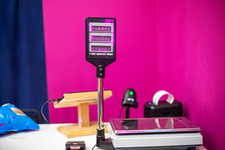scales for weighing products in a pink interiorの写真素材