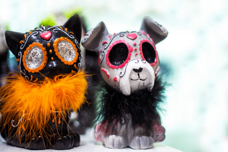 figurine of a cat and a dog for the day of all the dead, Halloween. Psychology of relationships