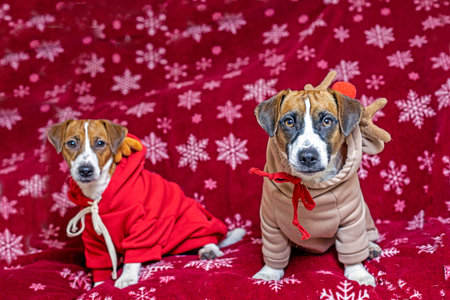 Beautiful puppies Jack Russell Terriers in New Year's deer costumes on a red blanket with snowflakes. Christmas and New Year with petsの写真素材