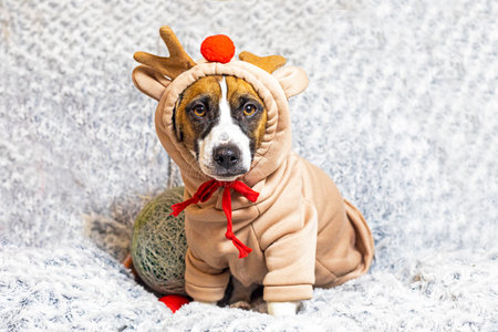 Jack Russell Terrier puppy in a brown reindeer costume on a Christmas blanket with snowflakesの写真素材
