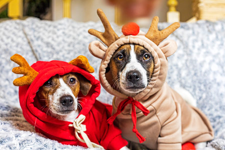 Jack Russell Terrier puppies in reindeer costumes are preparing for the New Year and Christmas