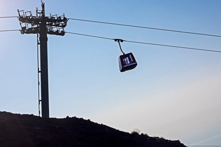 cable car to Etna volcano early in the morningの写真素材