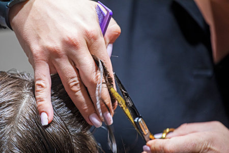 hairdresser carefully cuts hair on the back of the head with the tips of scissors creating a shapeの写真素材