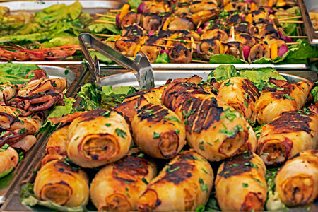 grilled squid at the Sicilian market. Seafood. Traveling around Italyの写真素材